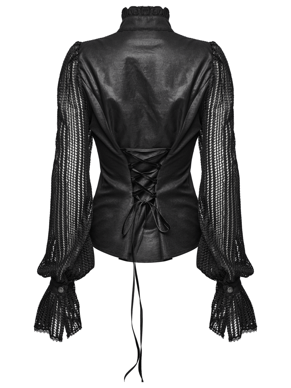 Black gothic pleated shirt with lace-up back and mesh lantern sleeves, showcasing elegant gothic style and unique design.