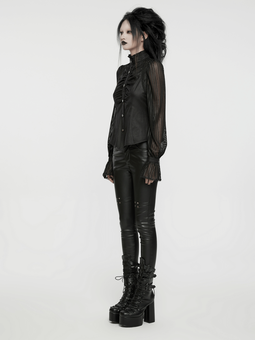 Black Gothic pleated shirt with mesh lantern sleeves and lace-up back, paired with edgy leather pants.