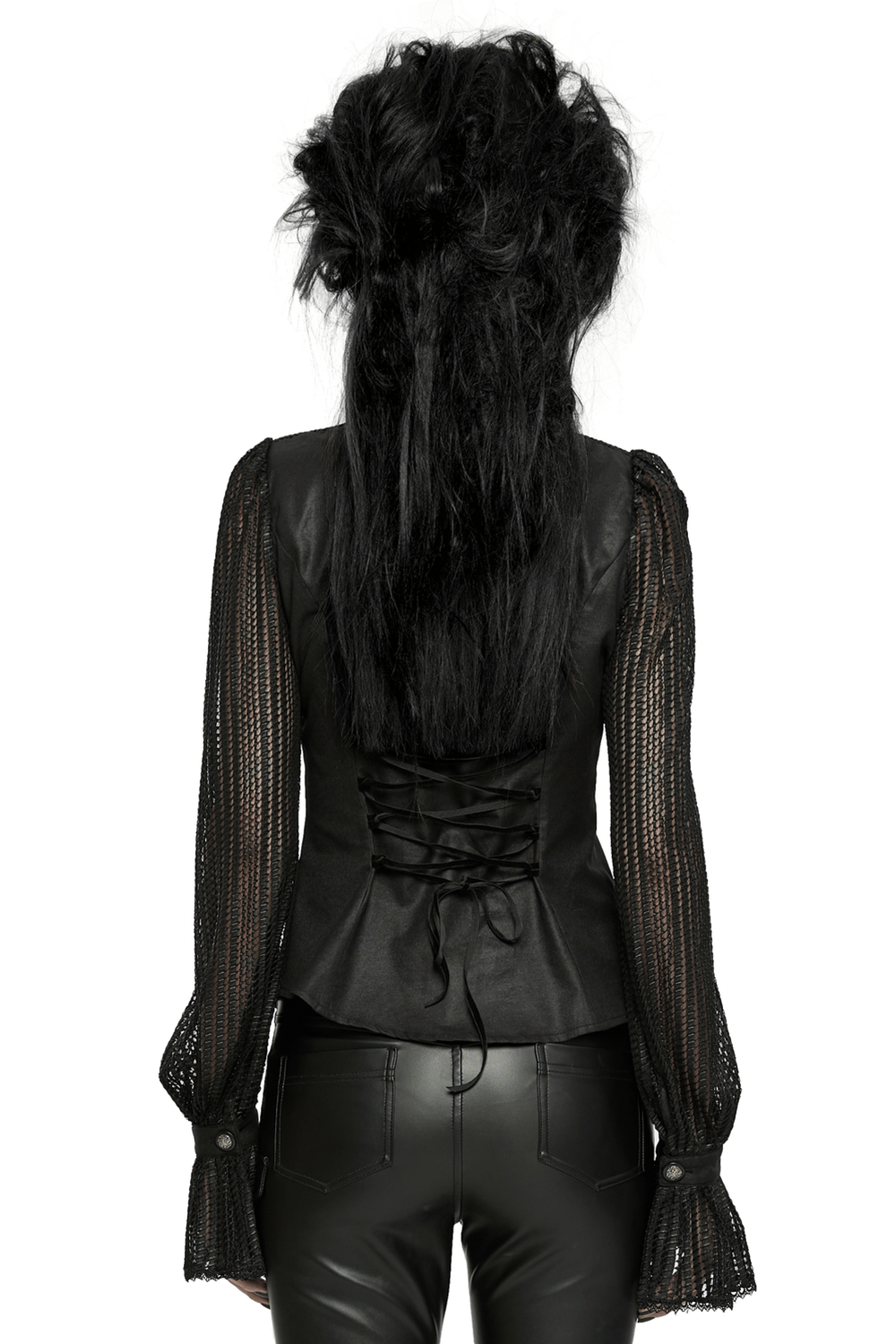Back view of a black gothic pleated shirt featuring mesh lantern sleeves and a lace-up back detail.