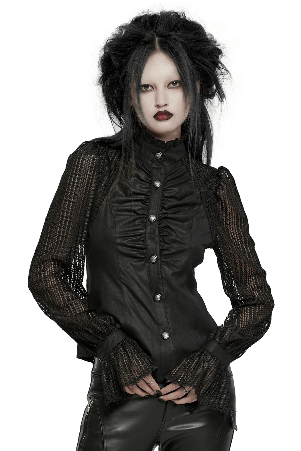 Elegant black gothic pleated shirt with mesh lantern sleeves and lace-up back, showcasing unique style and detailed embellishments.