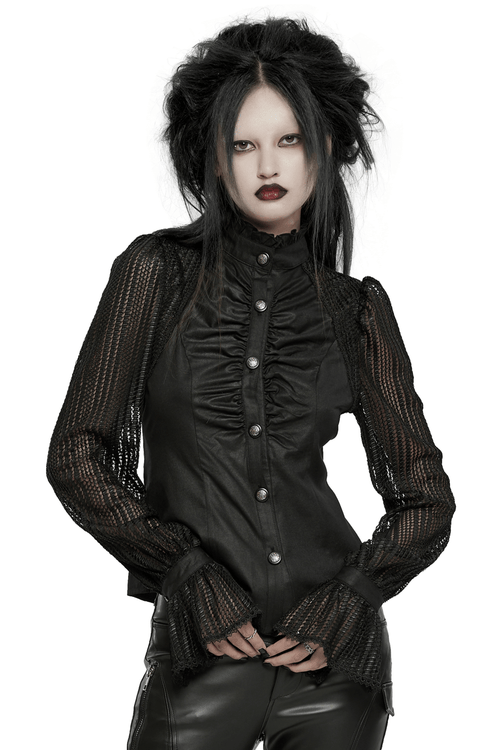 黒いゴシックプリーツシャツ メッシュランタン袖付き