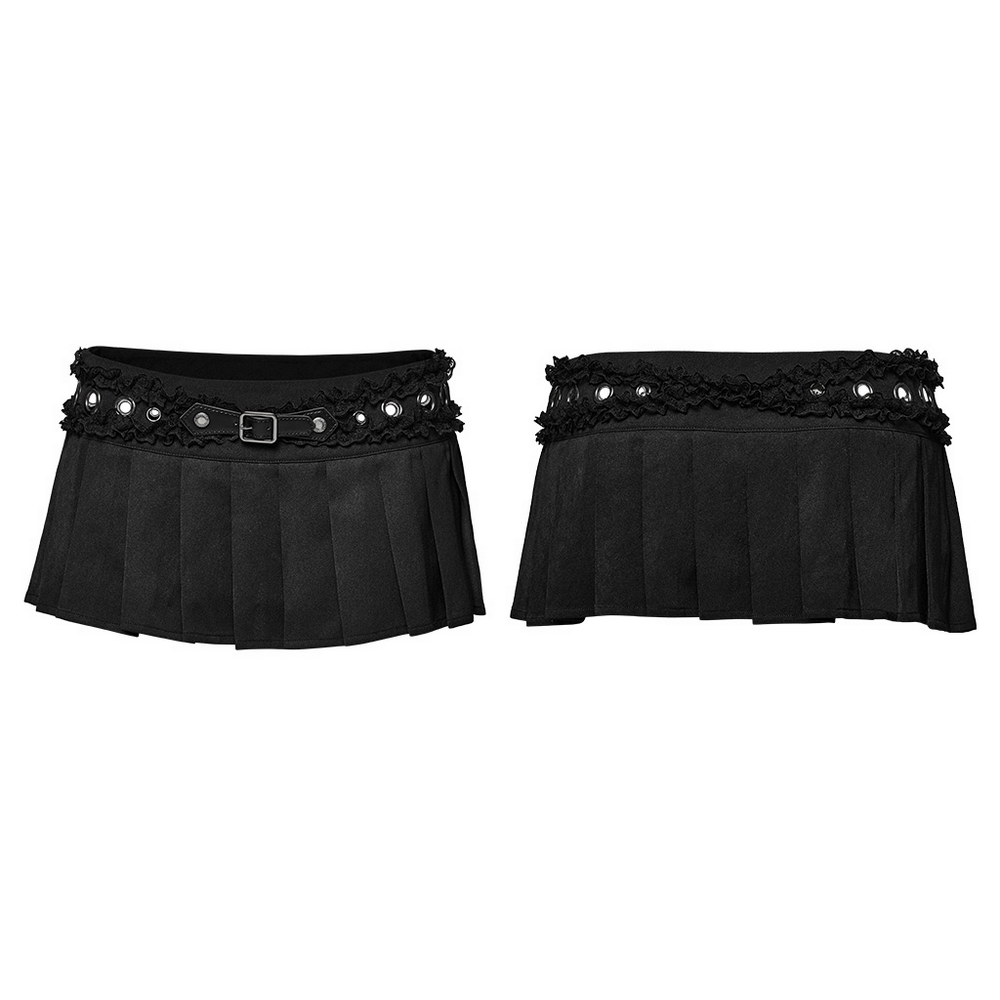 Black gothic pleated mini skirt with lace trim and buckle detail, showcasing edgy punk style and eyelet accents.