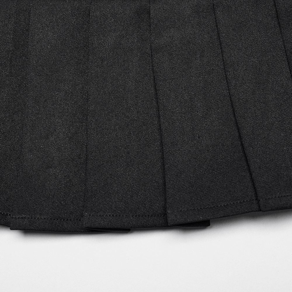 Close-up of a black Gothic pleated skirt showcasing intricate fabric and edge details.