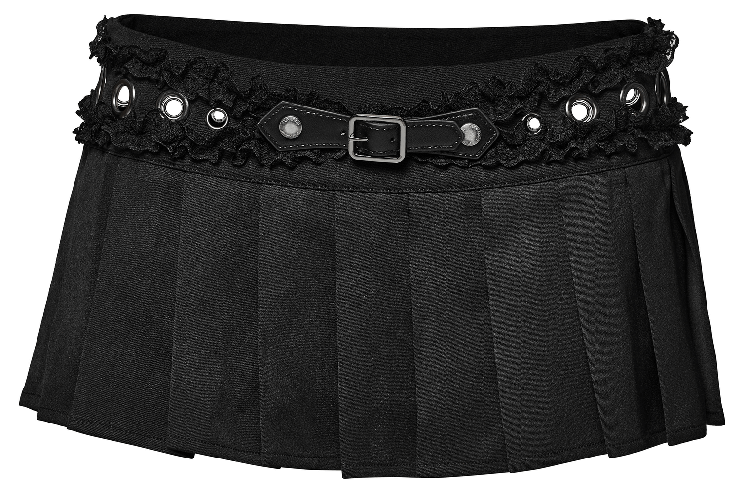 Black gothic pleated mini skirt with lace and buckle detail, featuring eyelet accents for an edgy punk look.