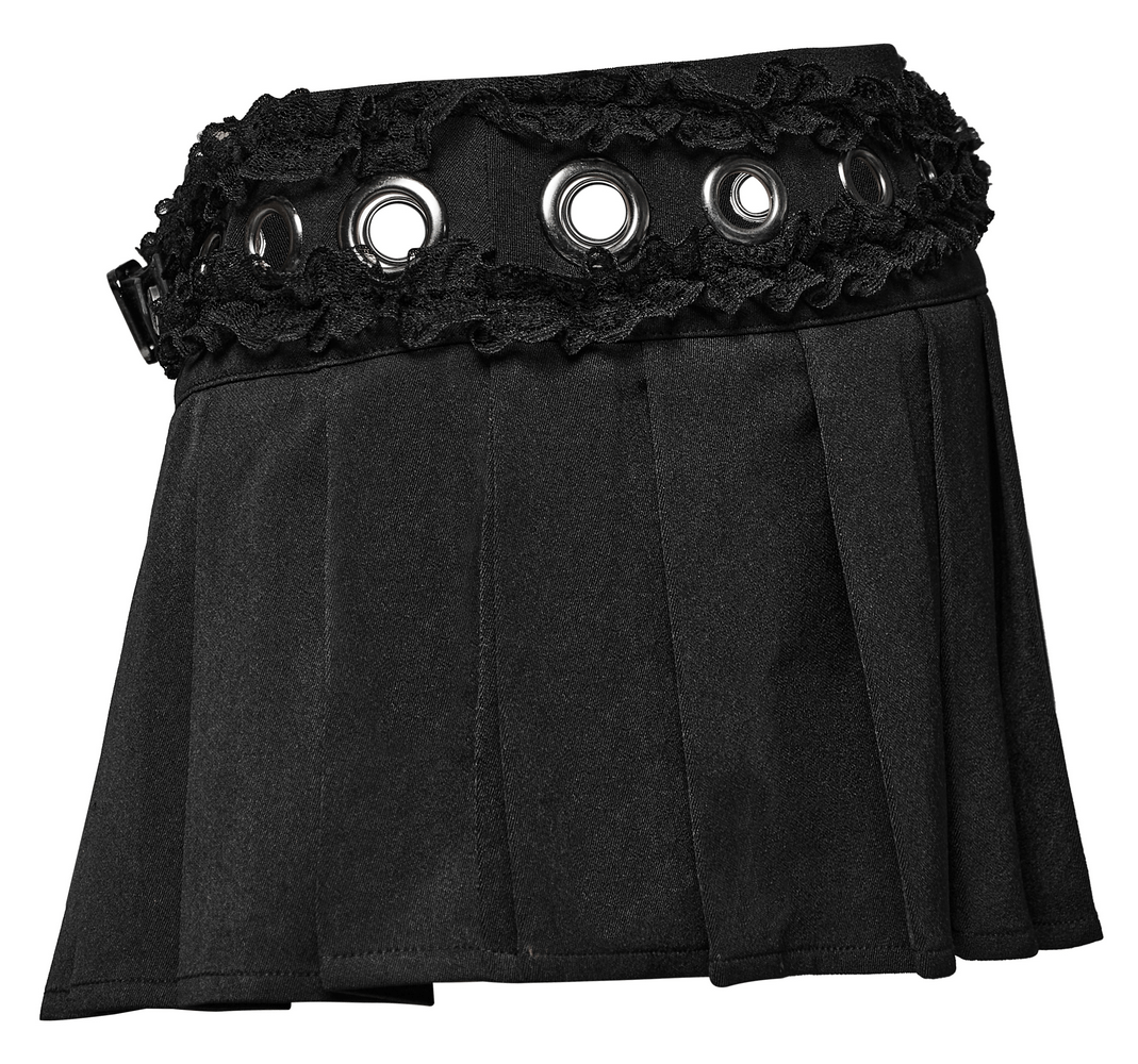 Black gothic pleated mini skirt with lace accents and buckle detail, perfect for punk and edgy fashion.