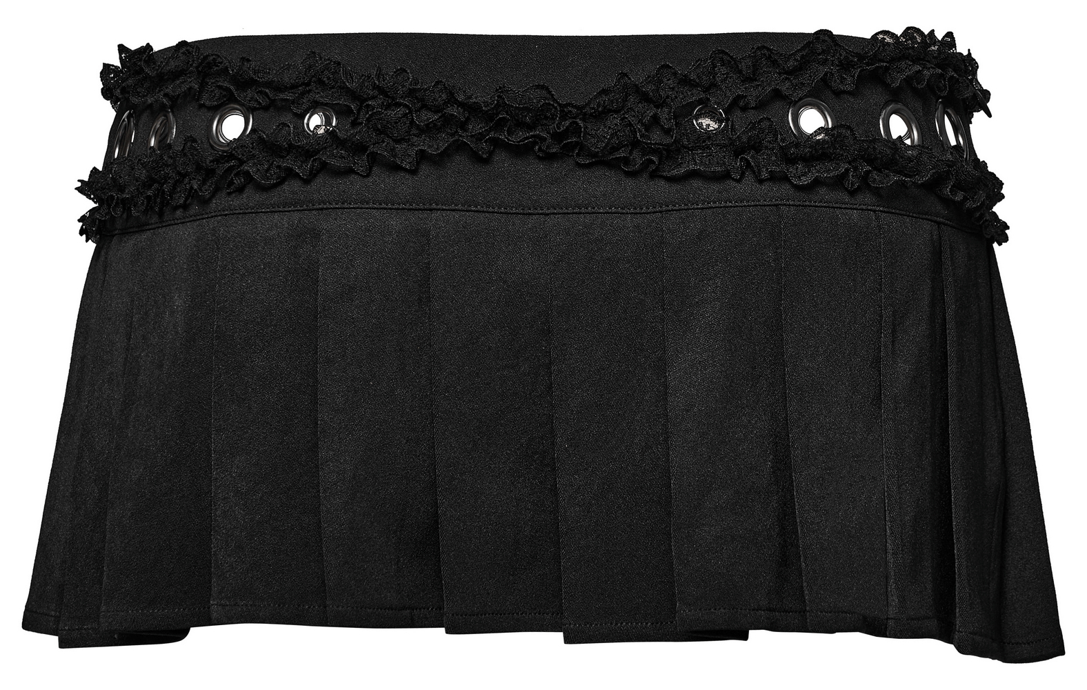 Black gothic pleated mini skirt with lace, eyelet accents, and buckle detail for a bold punk look.