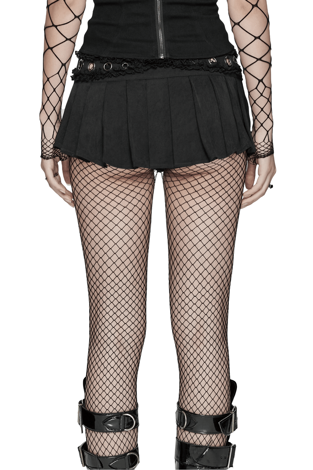 Back view of a black gothic pleated skirt with lace detail, paired with fishnet stockings and buckle accessories.