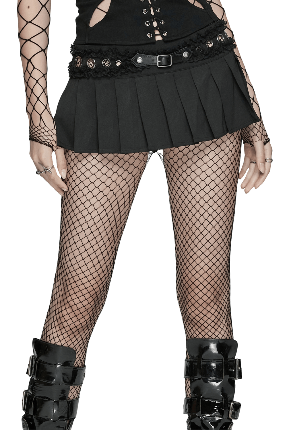 Black Gothic Pleated Skirt with Lace and Buckle Detail