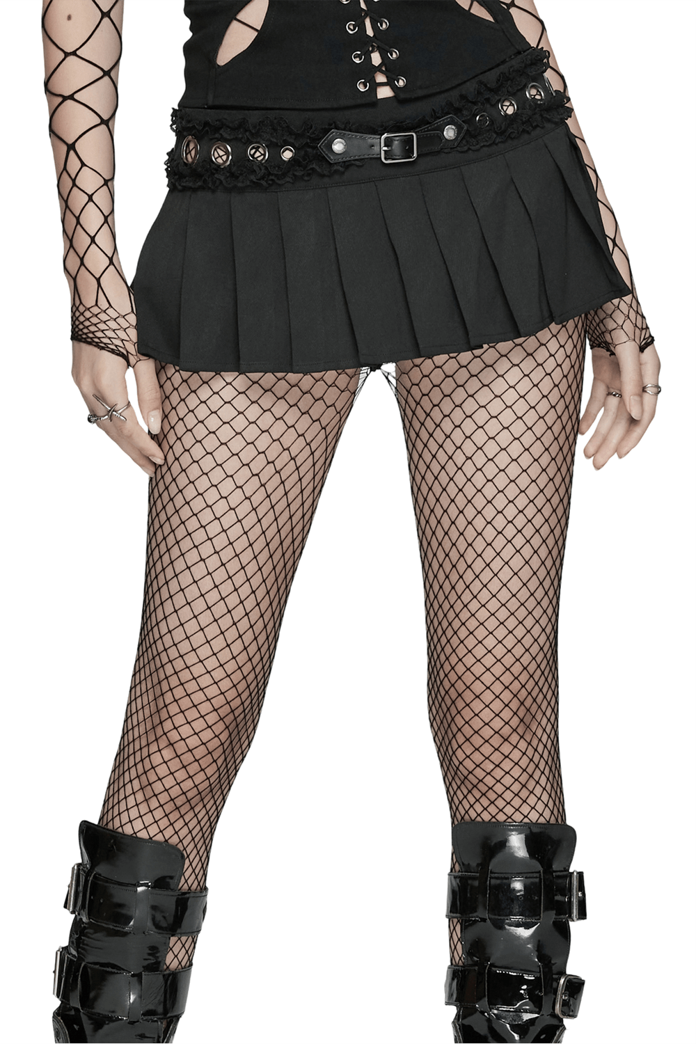 Black Gothic pleated skirt with lace and buckle detail, styled with fishnet tights, exuding punk attitude.