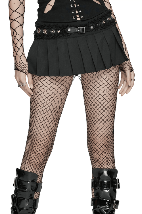 Schwarzer Gothic-Faltenrock mit Spitzen- und Schnallendetail