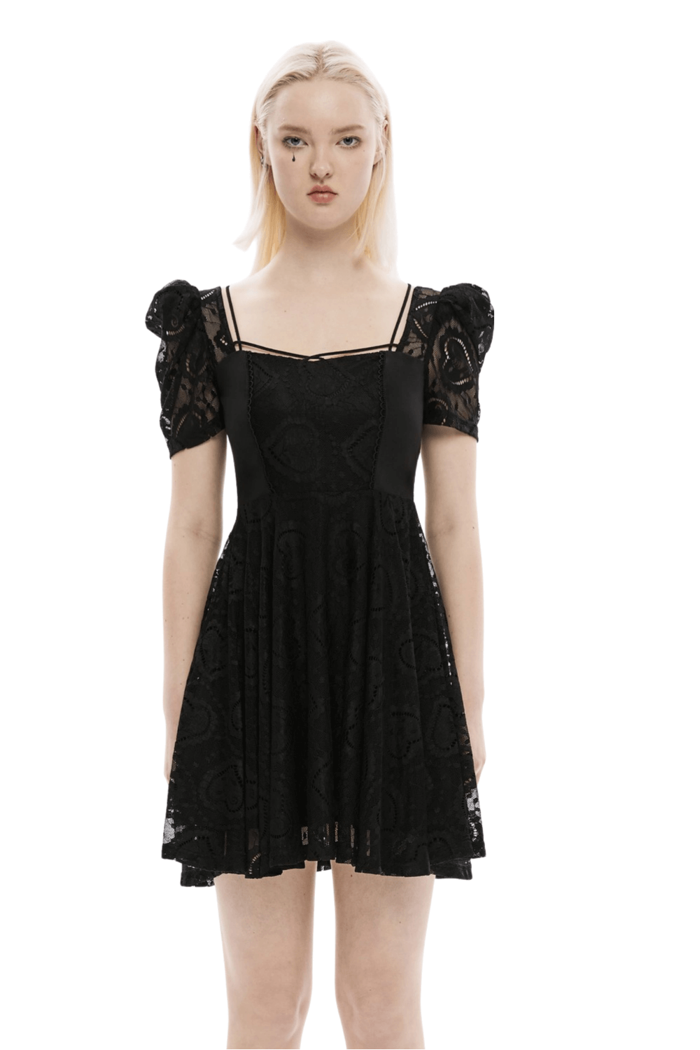 Black Gothic Princess Lace Mini Dress Puff Sleeves