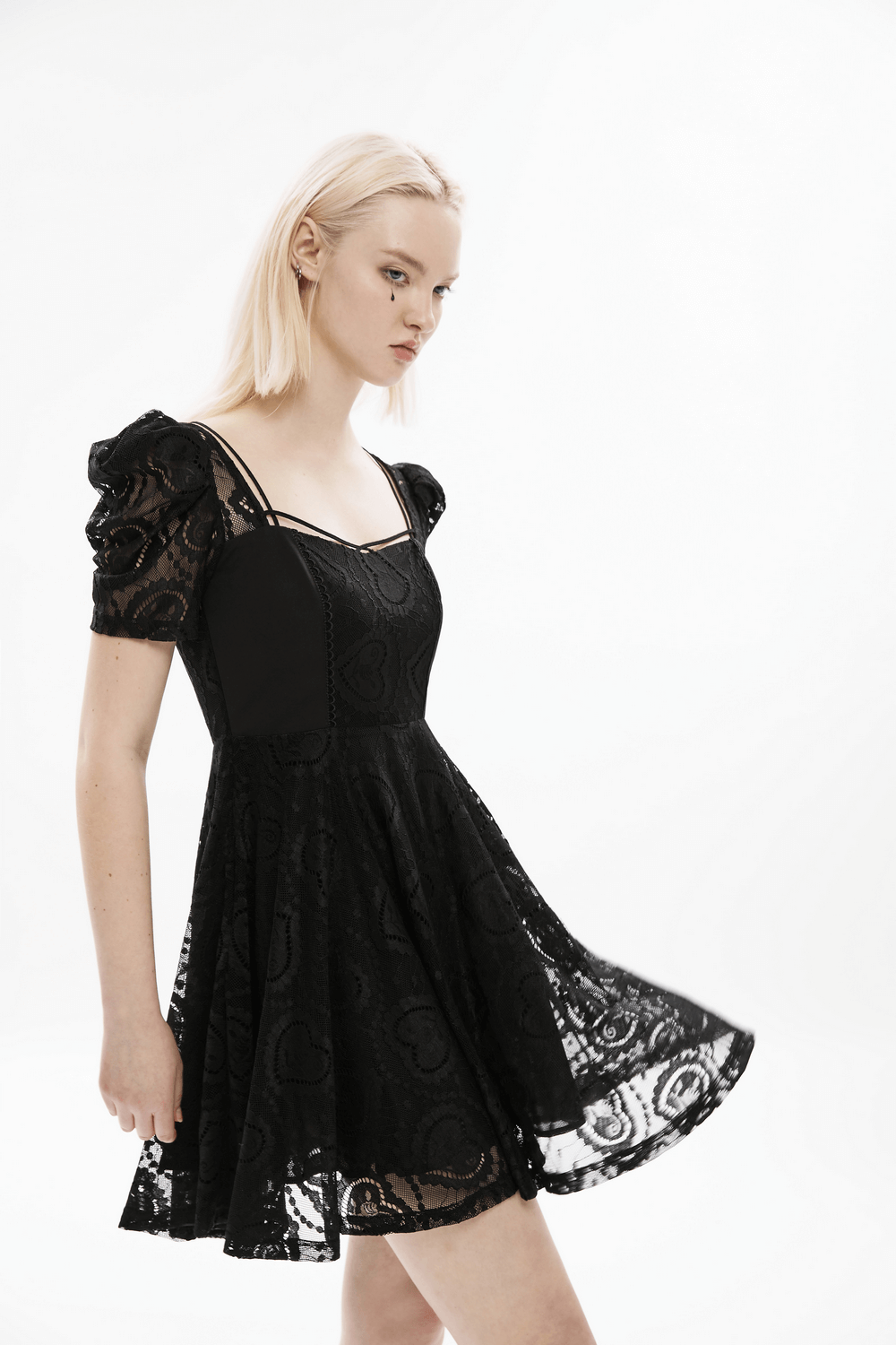 Black Gothic Princess Lace Mini Dress Puff Sleeves
