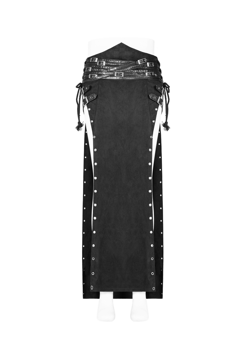Black Gothic Punk Long Skirt-Kilt with Buckles and Studs, perfect for a rebellious fashion statement.