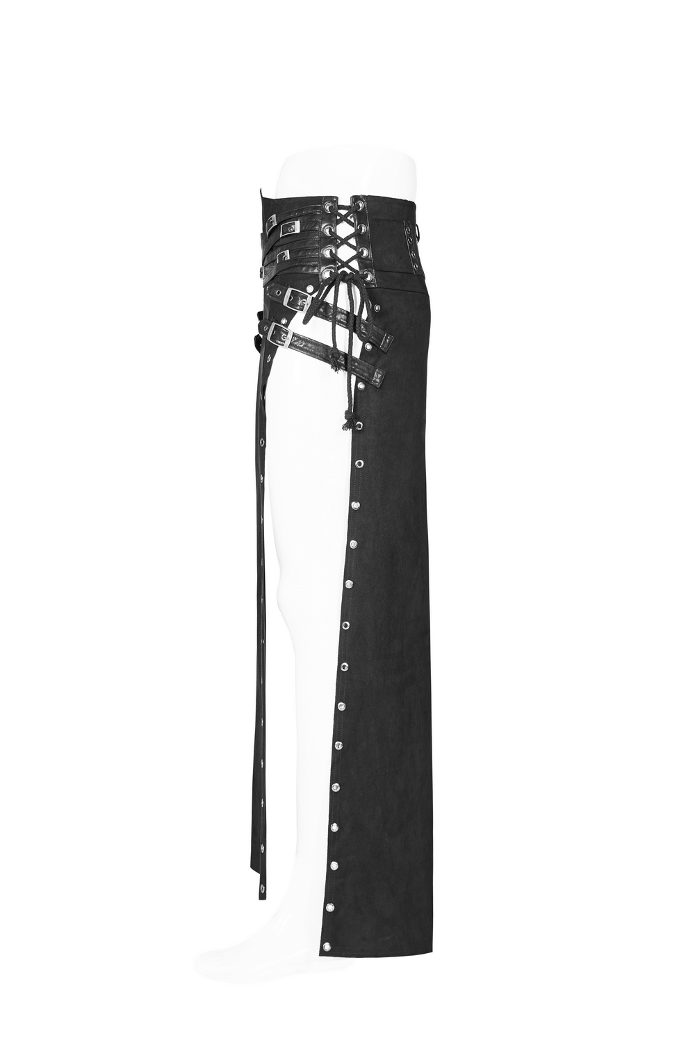 Black Gothic Punk long skirt-kilt with buckles and lace-up detail for a bold rebel look.