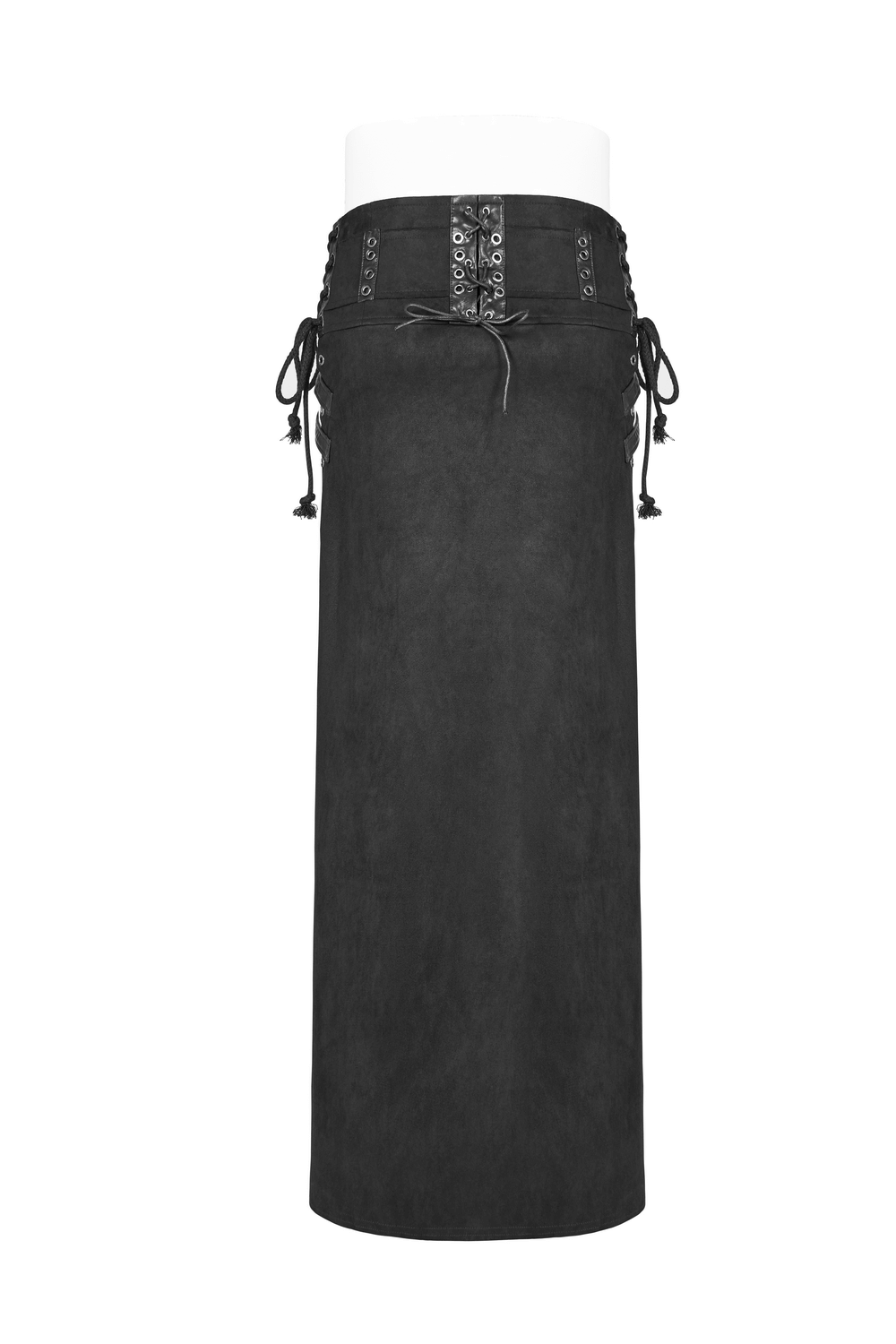Black Gothic punk long skirt-kilt with buckles, featuring a unique soft fabric and lace-up design.