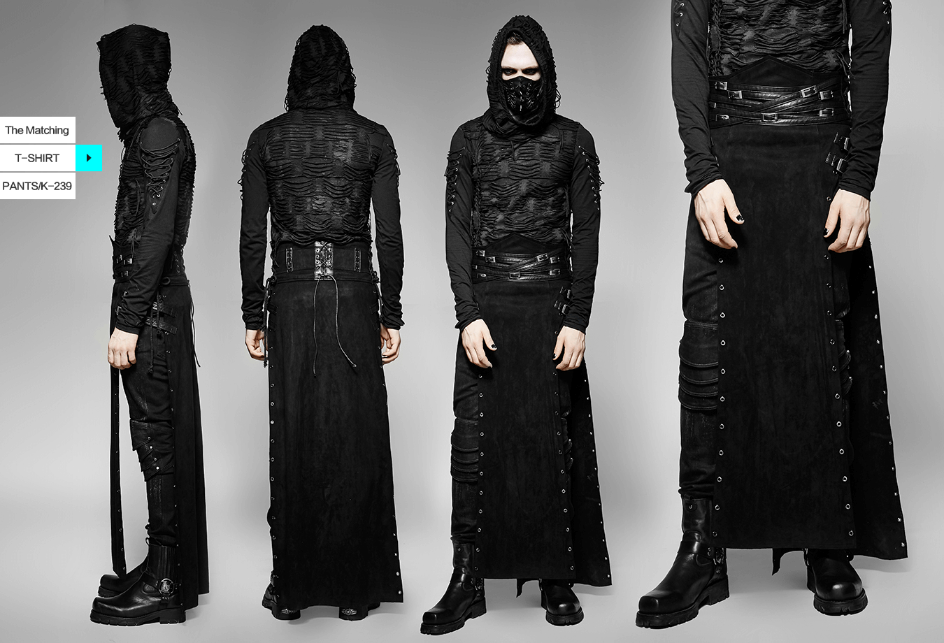 Black gothic punk long skirt-kilt with buckles paired with a matching edgy hoodie and combat boots.