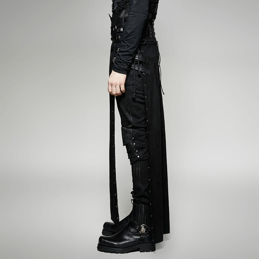 Side view of a black gothic punk long skirt-kilt with buckles and spikes, showcasing edgy style and attitude.