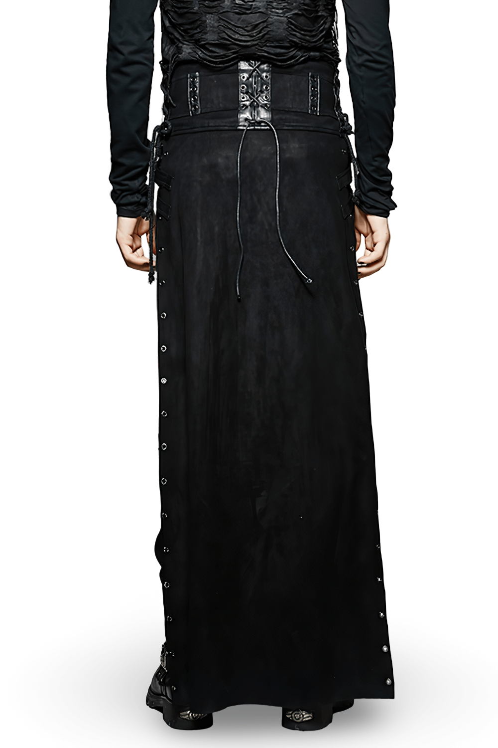 Back view of a black gothic punk long skirt with buckles, showcasing its edgy design and chic lacing.