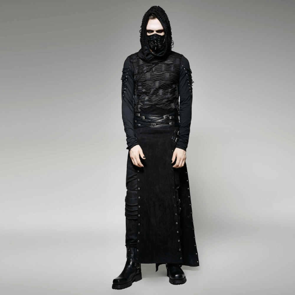Black Gothic punk model wearing a long kilt skirt with buckles and a stylish hooded top.