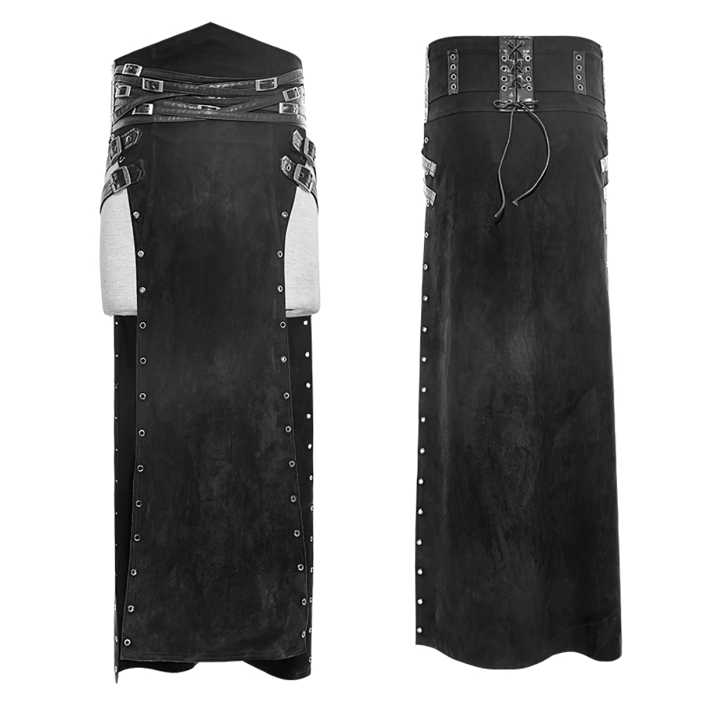 Black Gothic Punk Long Skirt-Kilt with Buckles, featuring PU leather, studs, and a rebellious design.