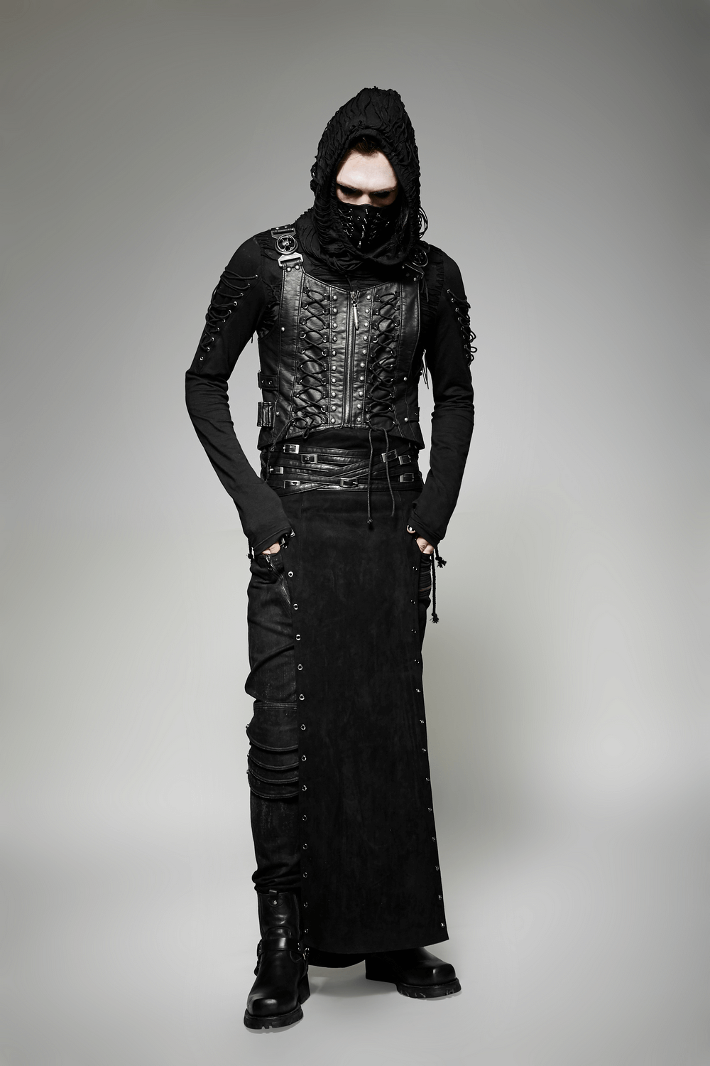 Black gothic punk long skirt-kilt with buckles and edgy layered look.