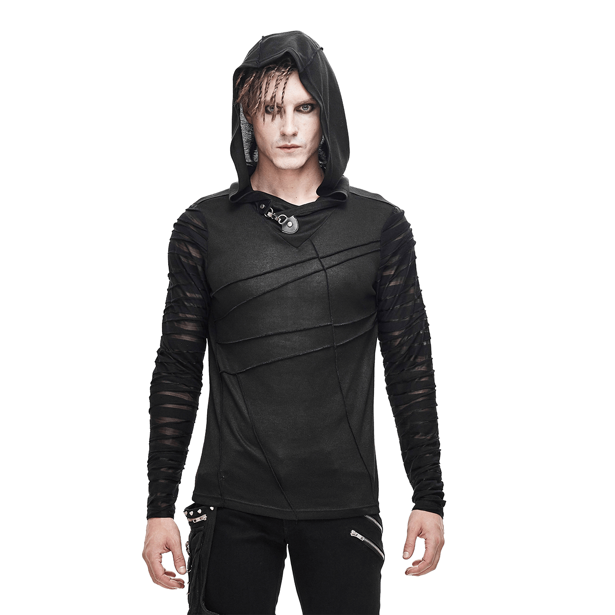 Black Gothic Punk Long Sleeves Hoodie / Men's Transparent Sleeves Top with Buckle - HARD'N'HEAVY