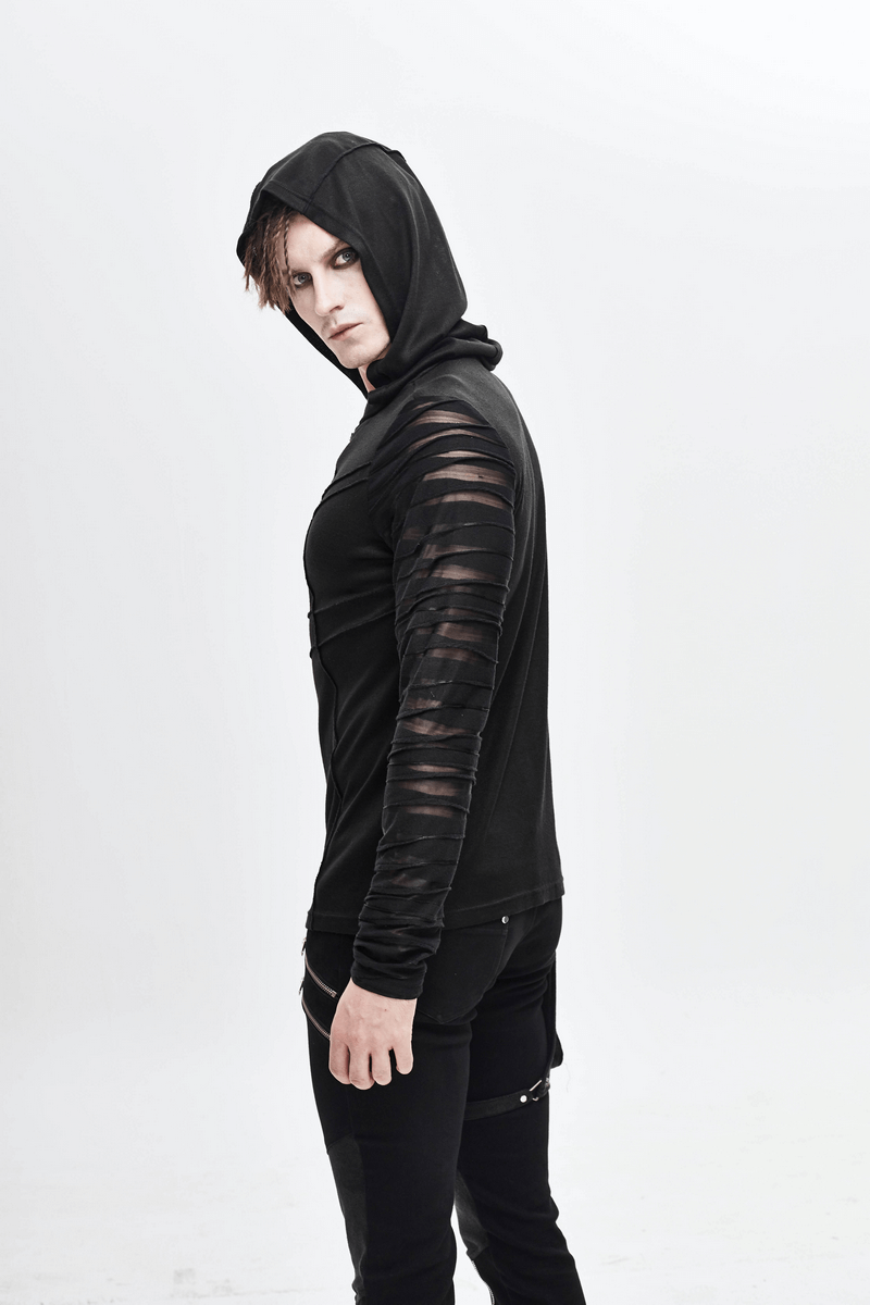 Black Gothic Punk Long Sleeves Hoodie / Men's Transparent Sleeves Top with Buckle - HARD'N'HEAVY