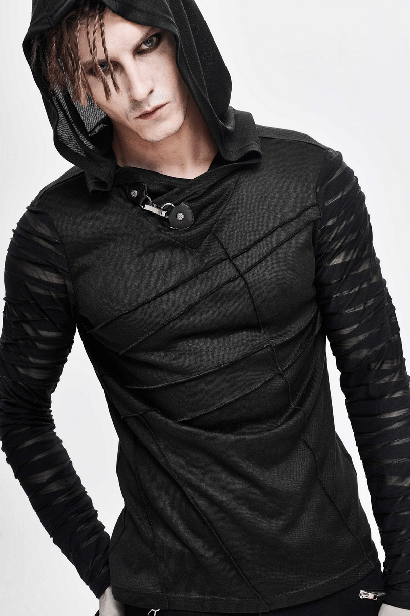 Black Gothic Punk Long Sleeves Hoodie / Men's Transparent Sleeves Top with Buckle - HARD'N'HEAVY