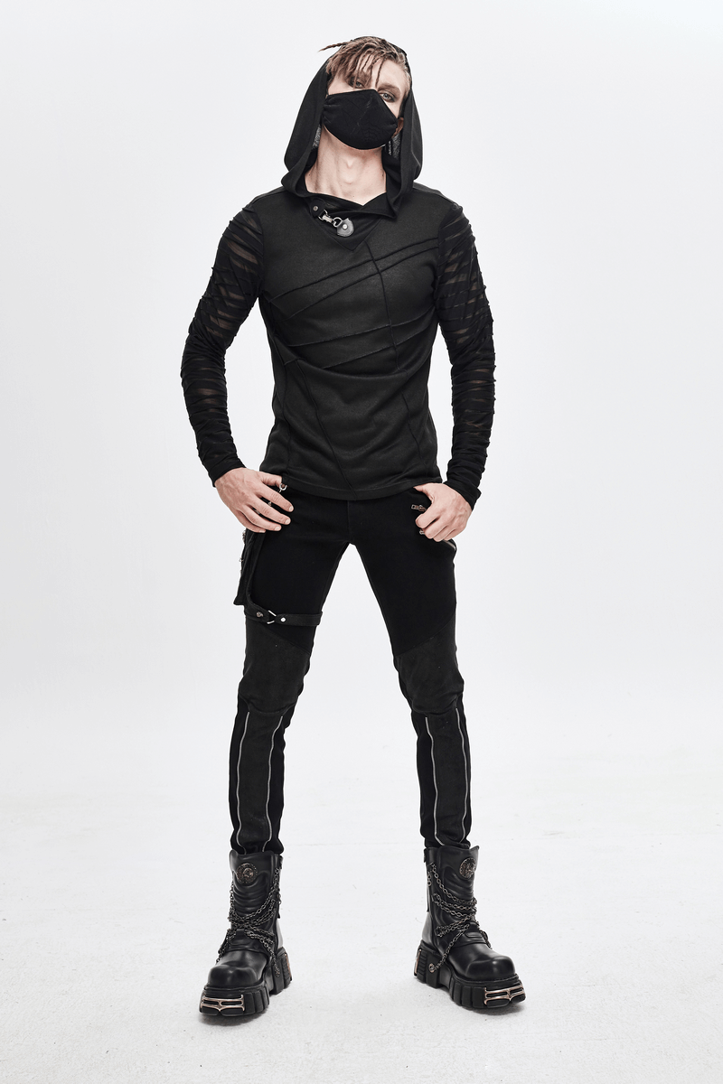 Black Gothic Punk Long Sleeves Hoodie / Men's Transparent Sleeves Top with Buckle - HARD'N'HEAVY