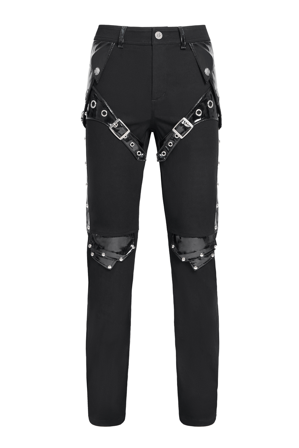 Black gothic punk pants with studded buckle and strap details, perfect for edgy fashion styles.