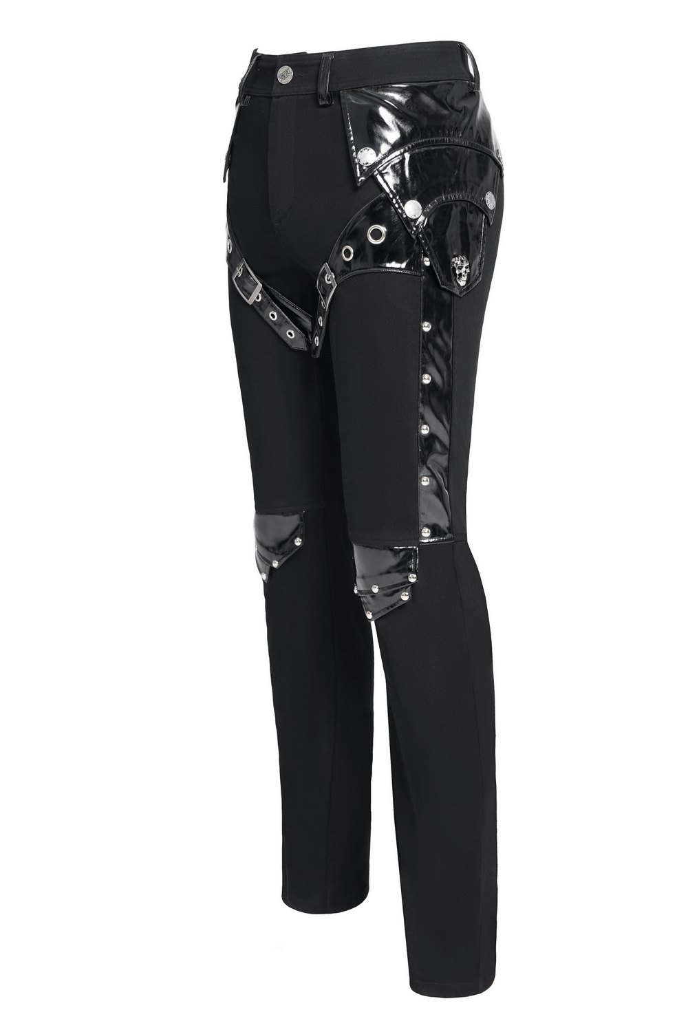 Black gothic punk pants with studded buckles and edgy strap details for a bold alternative style.