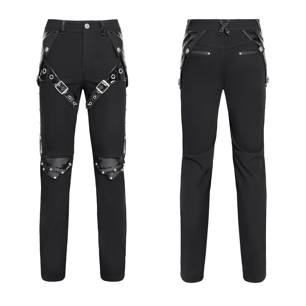 Black gothic punk pants featuring studded buckle and strap details for an edgy look.