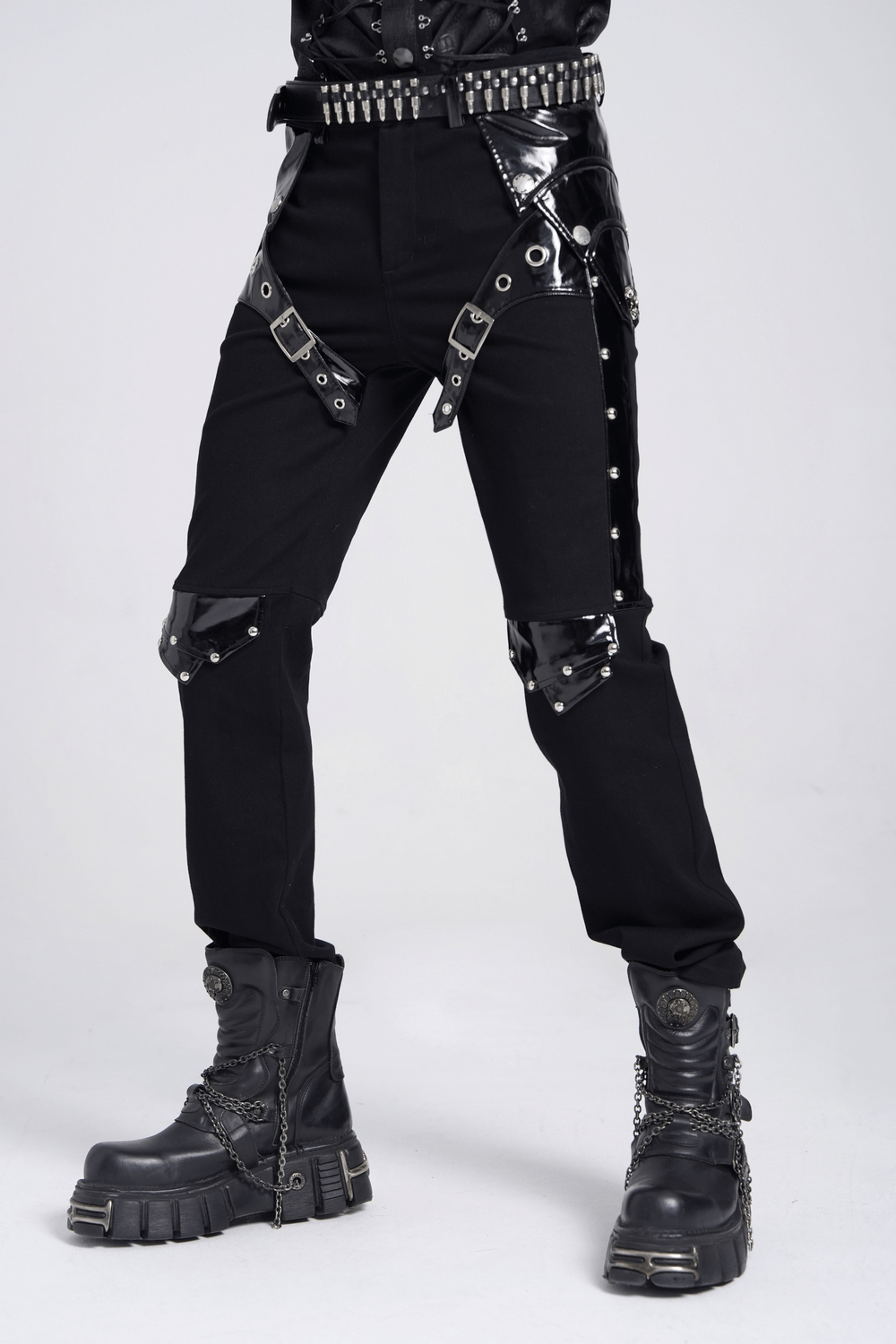 Black gothic punk pants with studs and buckles for a bold alternative fashion statement.