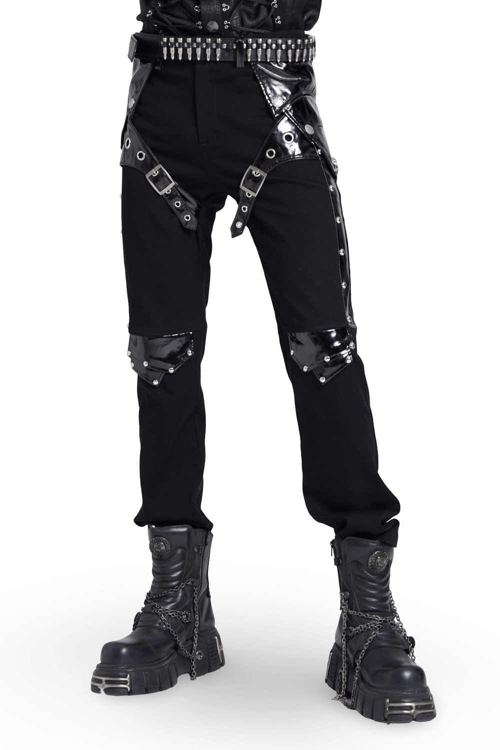 Black gothic punk pants with studded buckles and straps, designed for a rebellious style and edgy fashion.