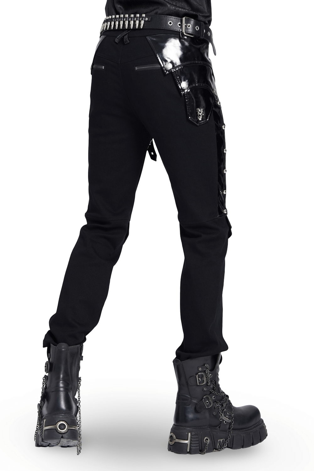Back view of black gothic punk pants with buckles, studs, and stylish combat boots for an edgy look.