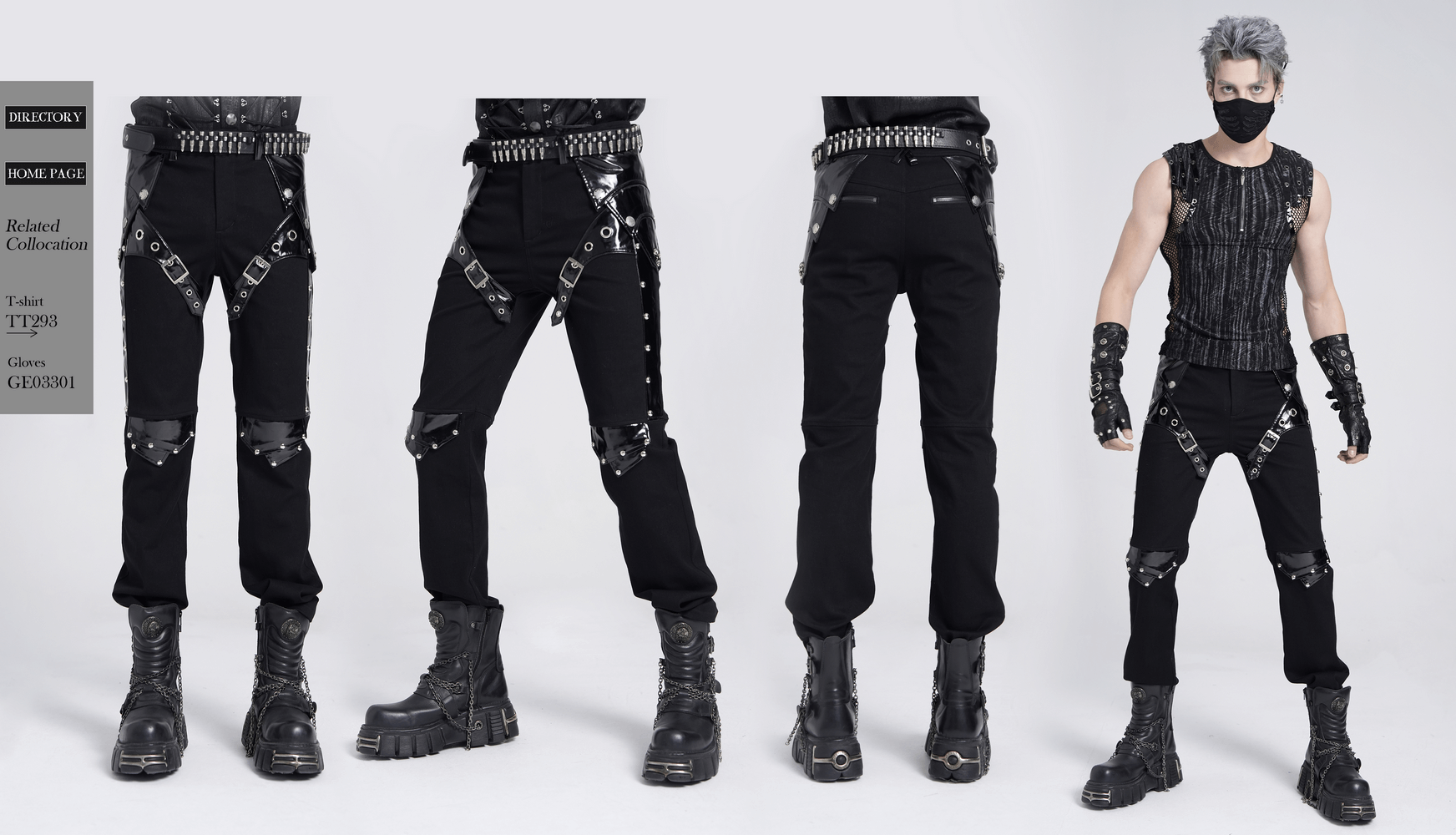 Black gothic punk pants with studs and buckled straps, perfect for edgy alternative fashion enthusiasts.