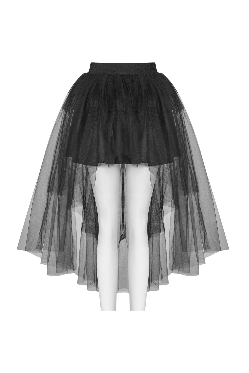 Black Gothic punk mesh bustle skirt featuring a dramatic high-low silhouette, perfect for cosplay or everyday wear.