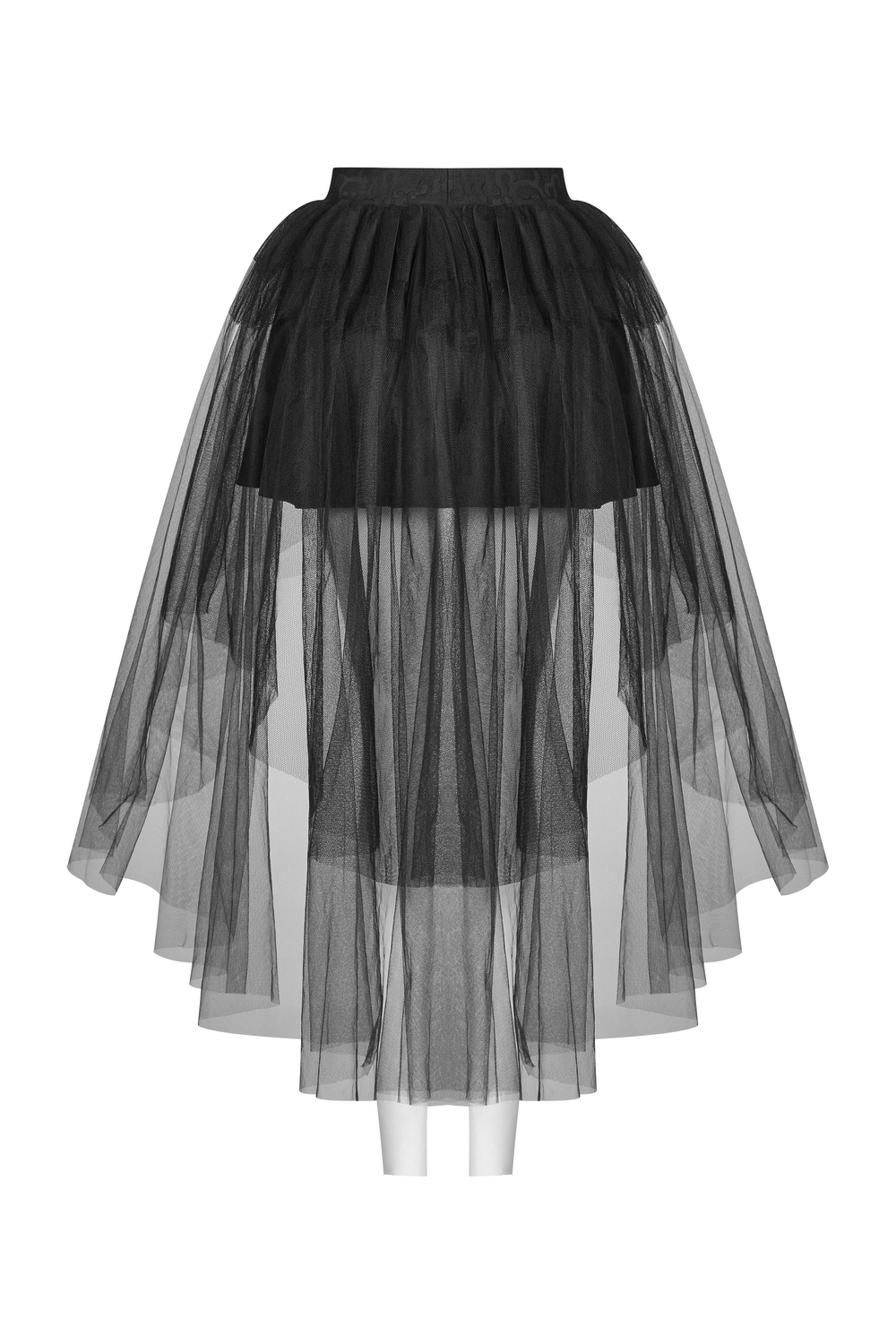 Black Gothic Punk Rave mesh Victorian skirt bustle with dramatic silhouette and elastic waist design.