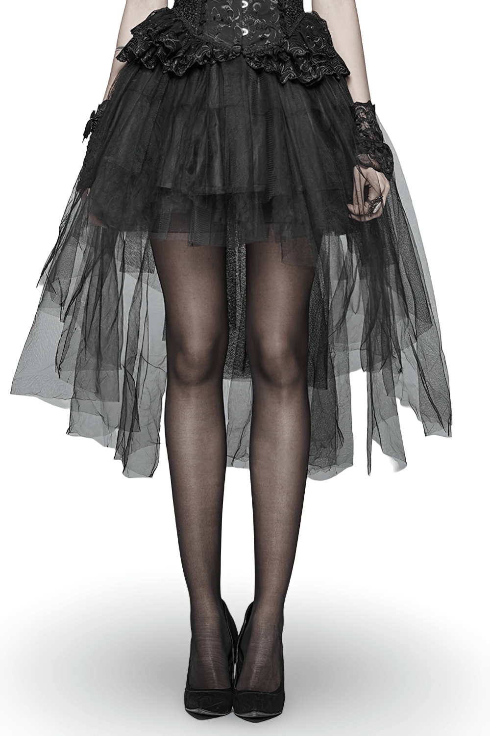 Black Gothic Punk Rave mesh skirt bustle featuring layered tulle silhouette and stylish high heels.