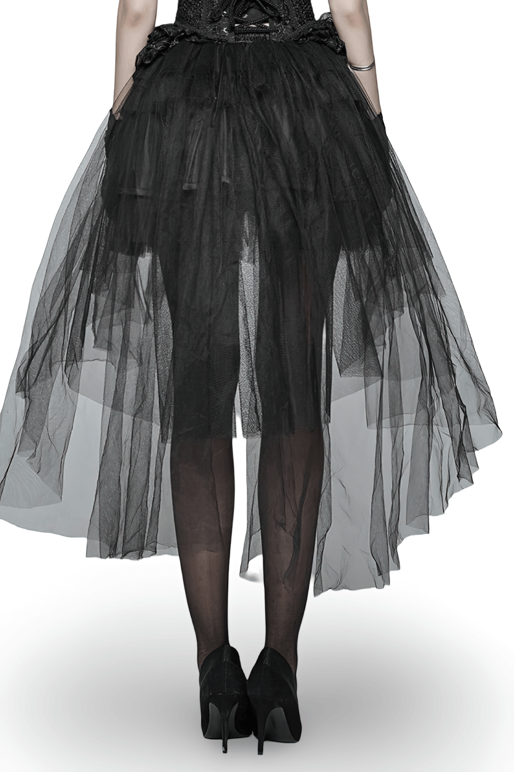 Back view of a black gothic punk rave mesh bustle skirt, showcasing its dramatic layered design and high-waisted fit.