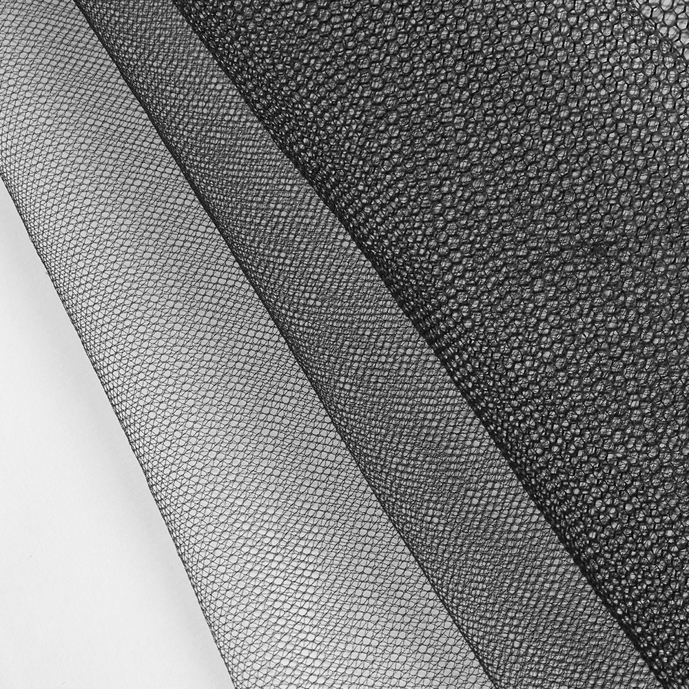 Close-up of black mesh fabric texture showcasing its intricate pattern, ideal for gothic and punk fashion designs.