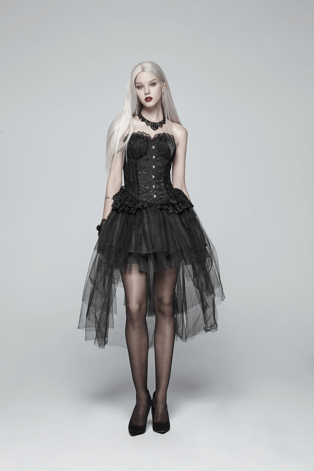 Model showcasing a stunning Black Gothic Punk Rave Mesh Victorian Bustle Skirt, perfect for stylish cosplay or gothic fashion.