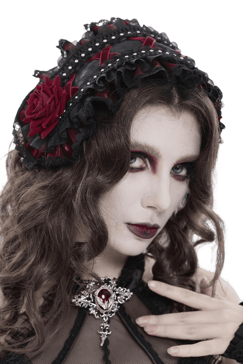 Black Gothic Rose Bonnet with Lace Ruffles and Studs