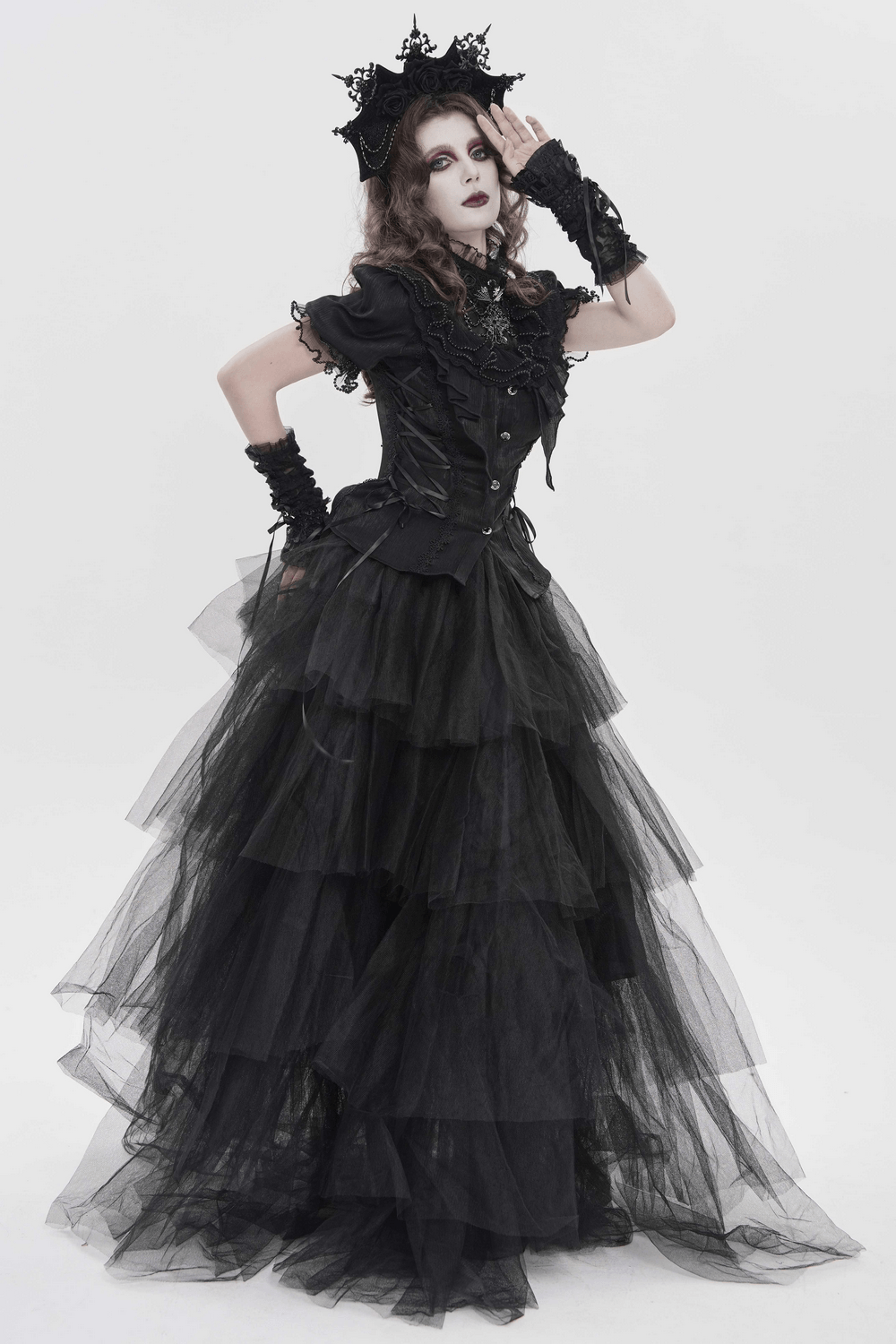 Black Gothic Rose Crown Headpiece With Lace Wings worn by a model in an elegant black layered gown.