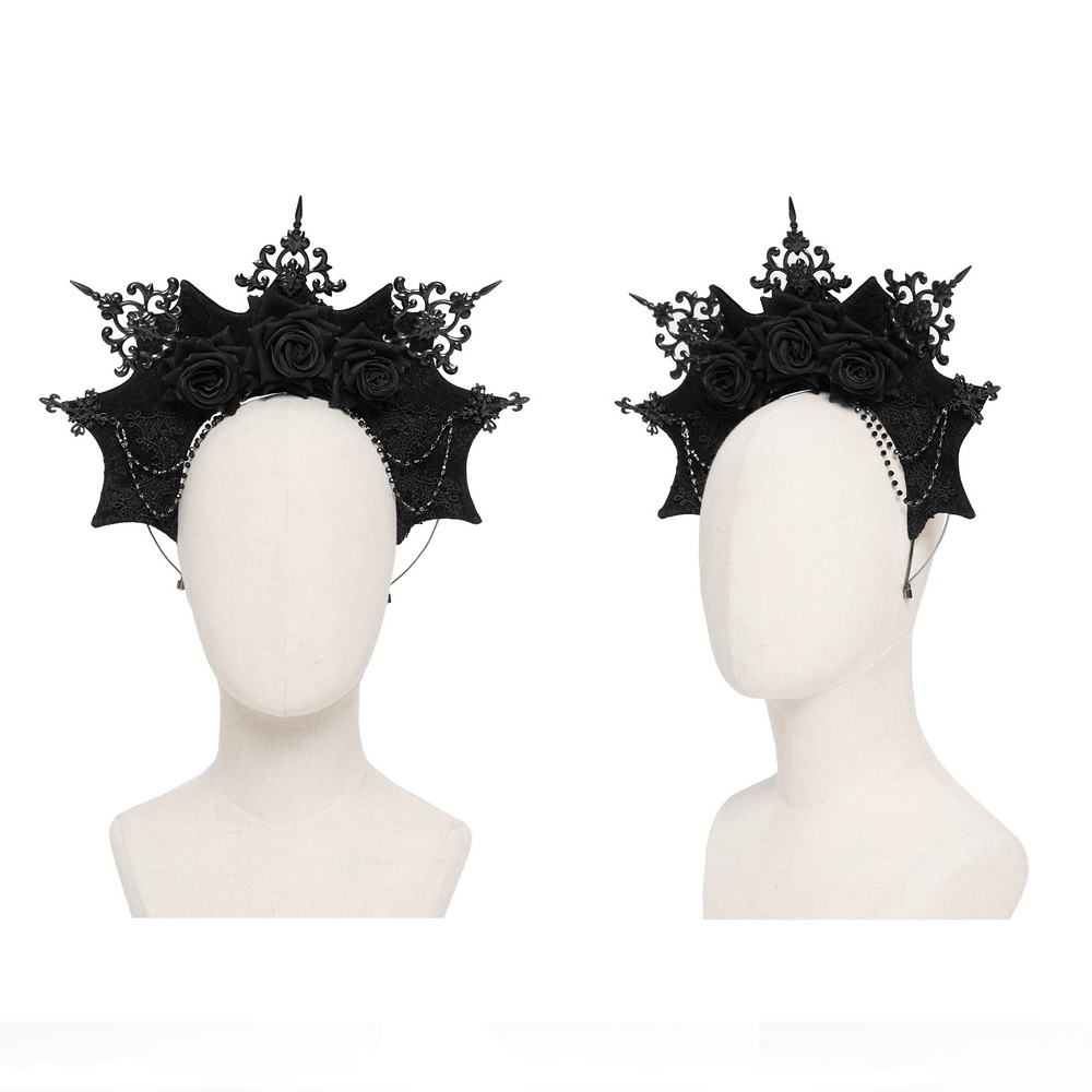 Black Gothic Rose Crown Headpiece With Lace Wings displayed on a mannequin showcasing its intricate design.