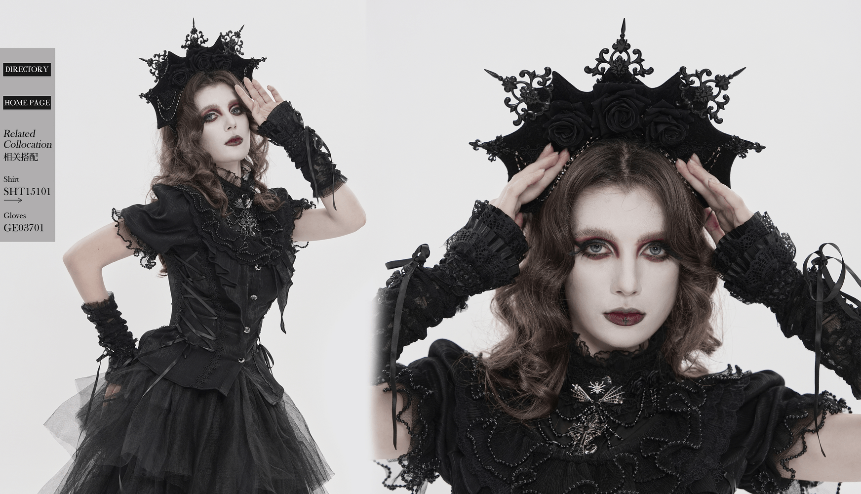Black Gothic Rose Crown Headpiece With Lace Wings worn by model, featuring dramatic makeup and gothic attire.