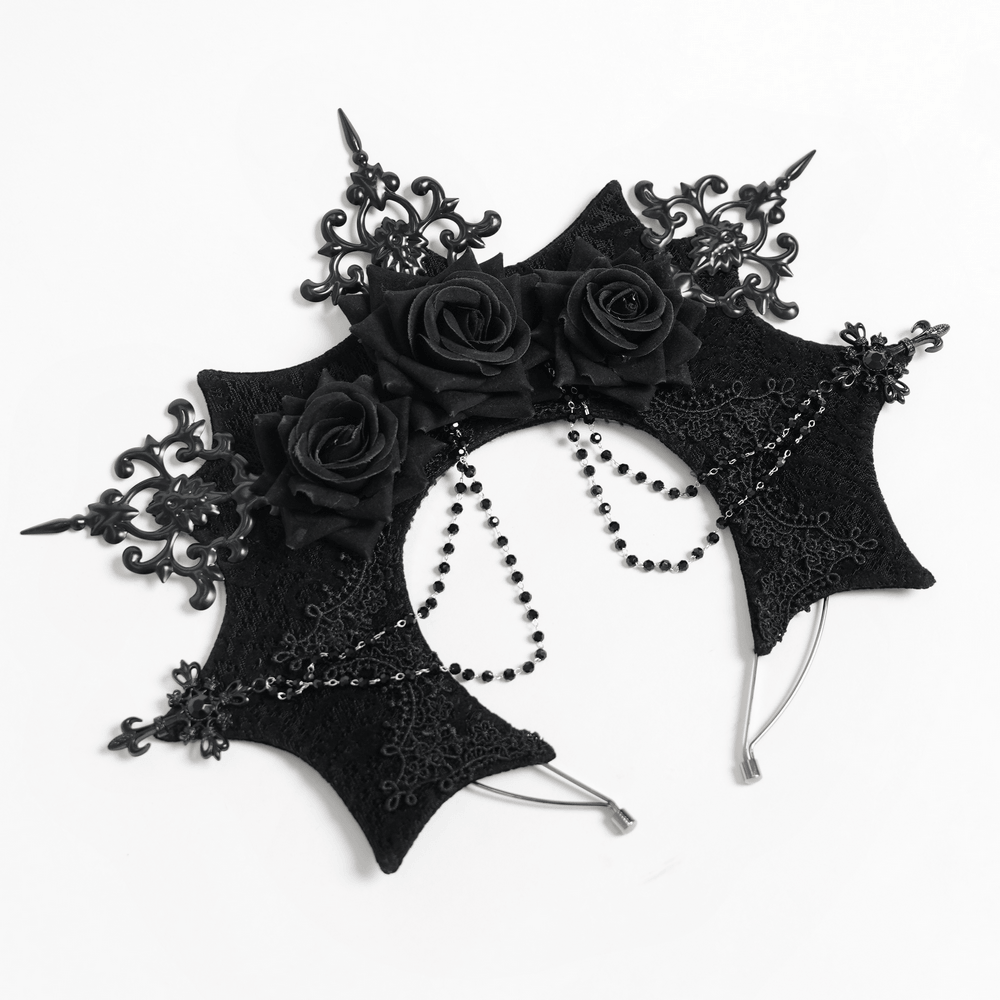 Black Gothic Rose Crown Headpiece With Lace Wings showcasing ornate lace, roses, and bead details for a dramatic gothic fashion statement.
