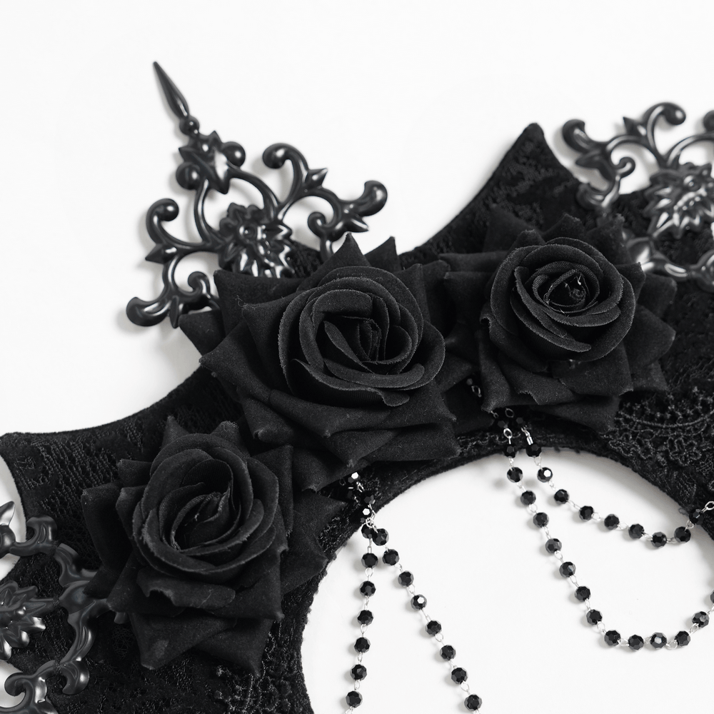 Black Gothic Rose Crown Headpiece With Lace Wings adorned with dark roses and ornate lace details.
