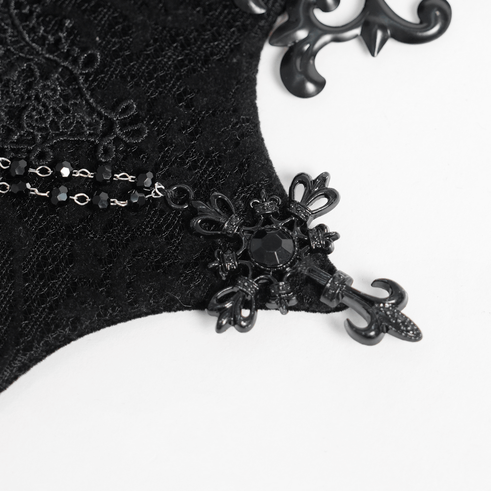 Black Gothic Rose Crown Headpiece With Lace Wings close-up showing intricate black filigree and bead details.