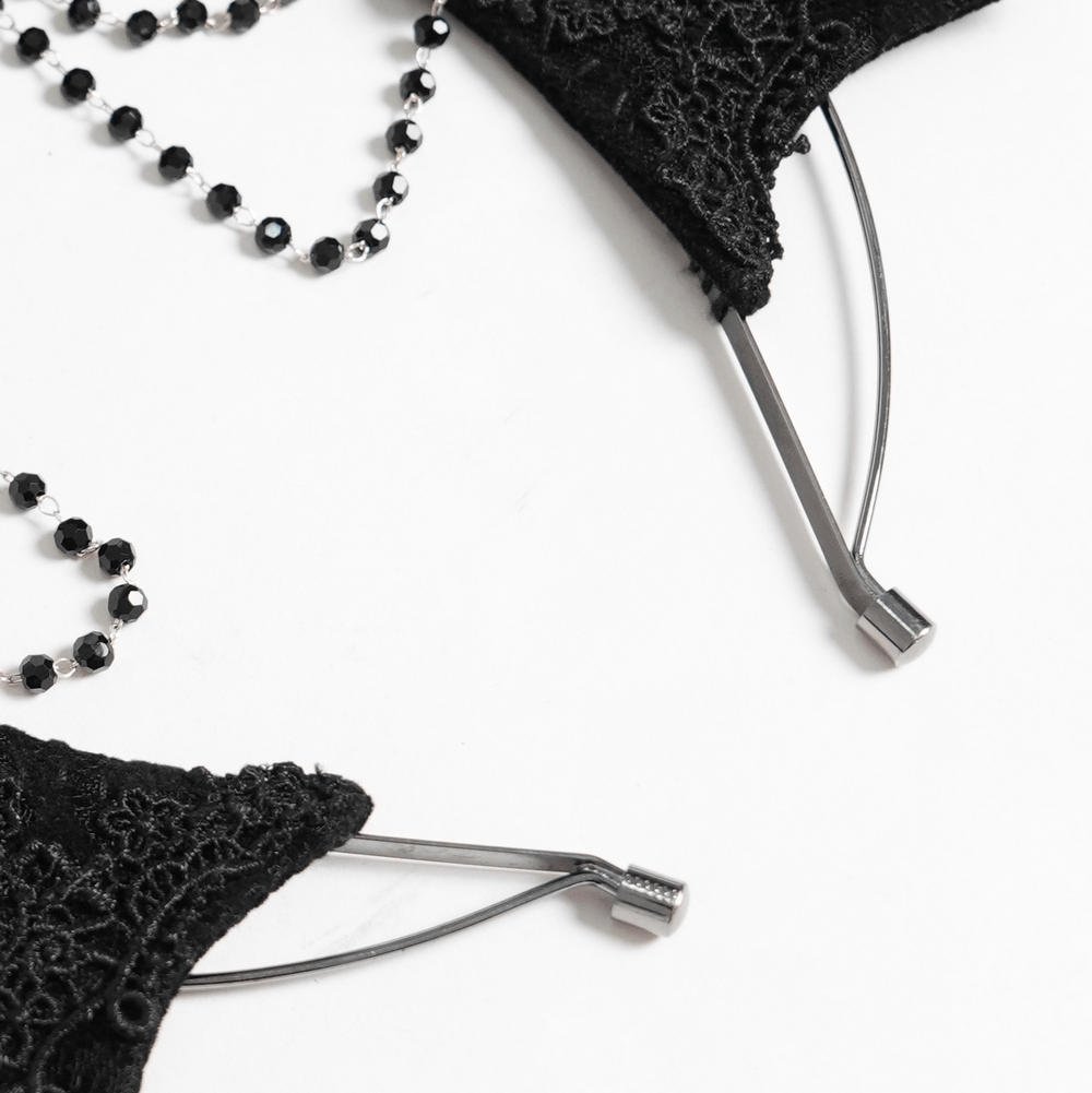Black Gothic Rose Crown Headpiece With Lace Wings showing ornate lace and bead chain details.